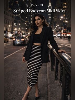 Paper OC Black & White Striped Bodycon Midi Skirt Size Large